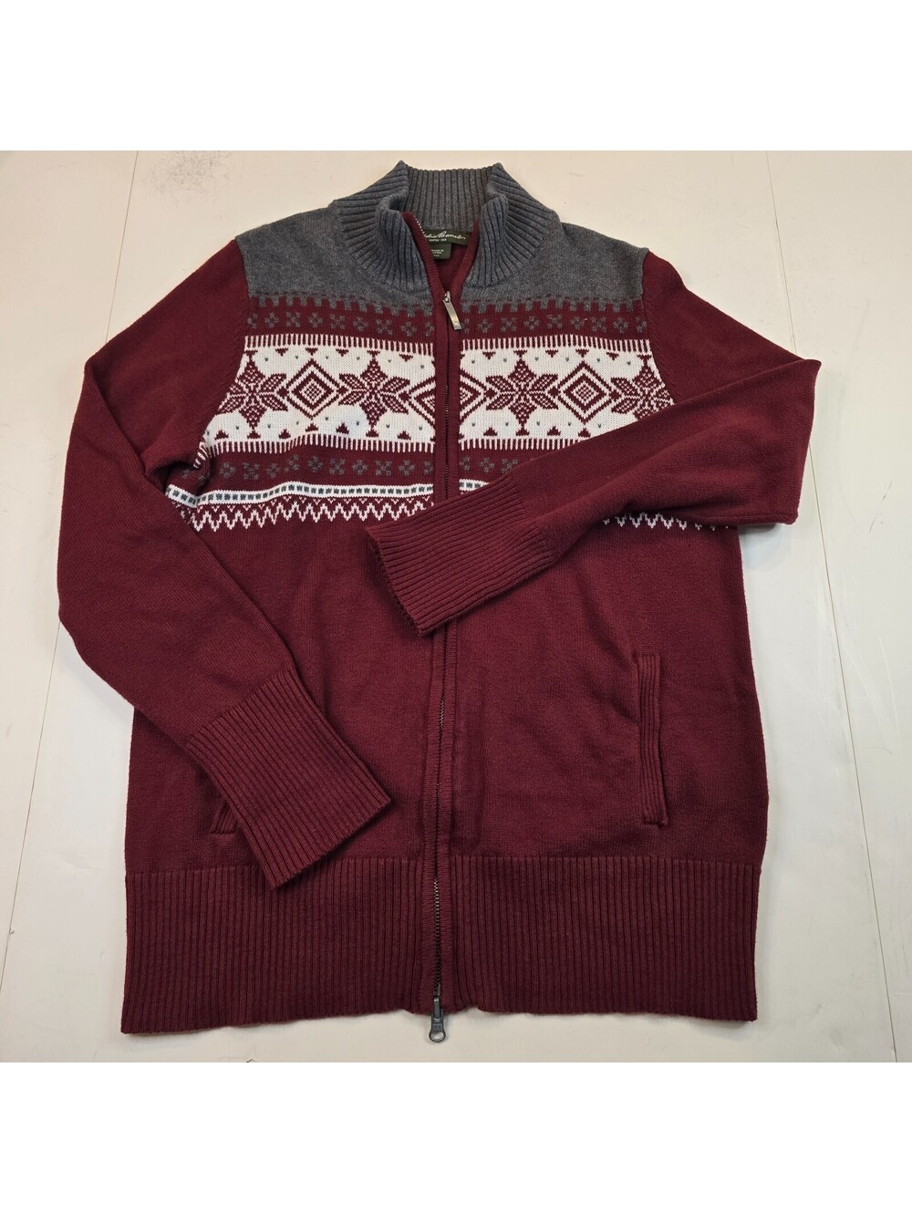 Eddie Bauer Red Gray Fair Isle Full-Zip Mock Neck Sweater Cardigan Sz TXL